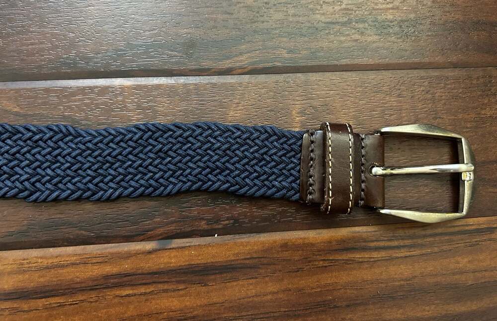 Martin Dingman Countrywear Men’s Braided Navy Stretch Belt Brown Leather Preppy